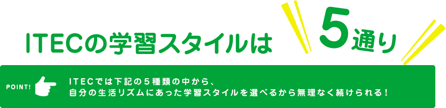 iTECの学習スタイルは5通り　ITECでは上記6種類の中から、自分の生活リズムにあった学習スタイルを選べるから無理なく続けられる！